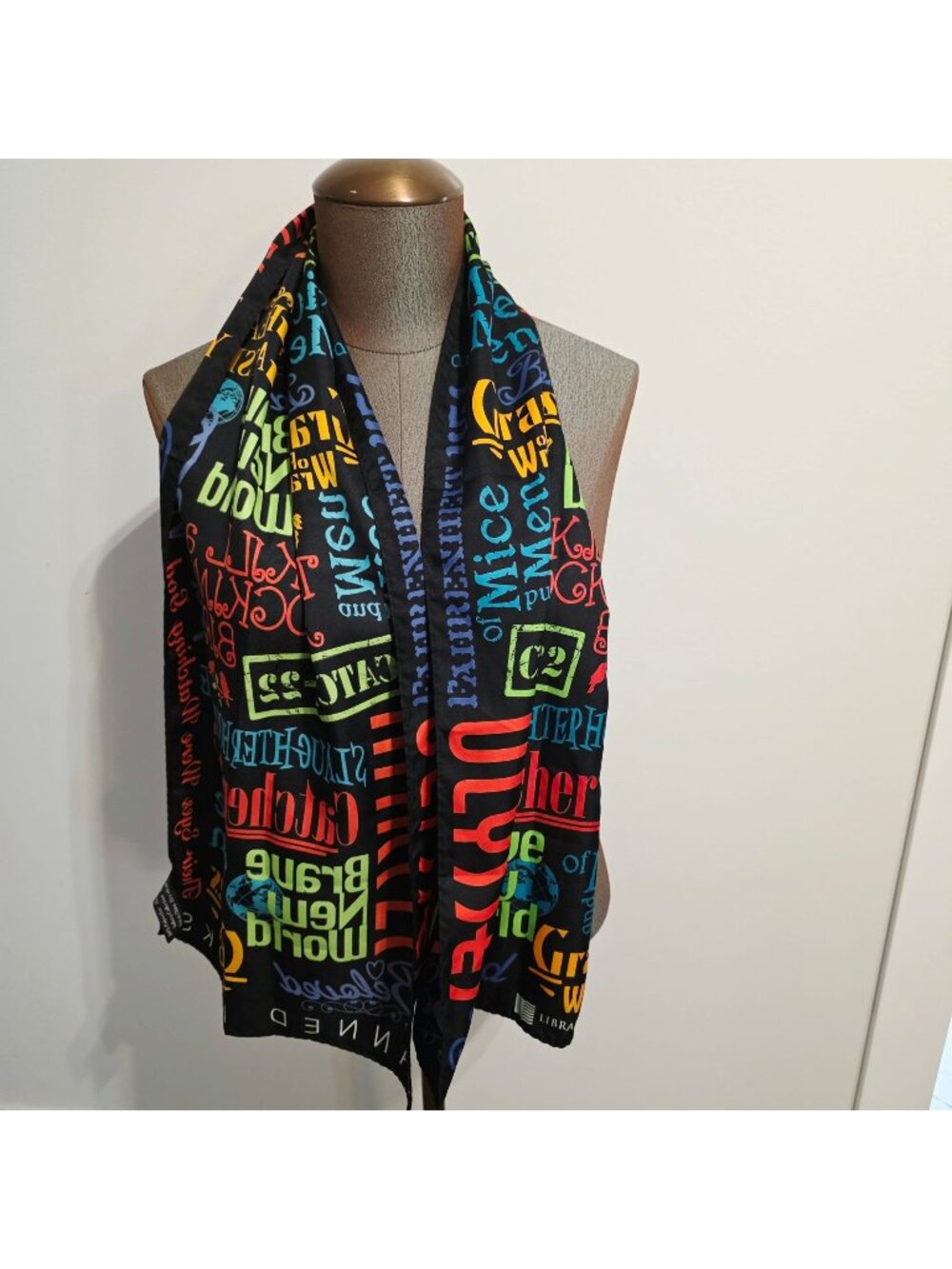 Vtg Library of Congress Banned Books All Over Print Art to Wear Scarf Bold